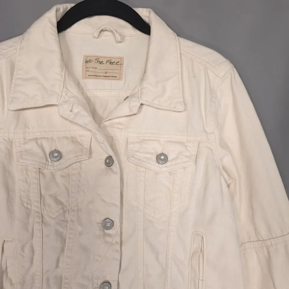 WE THE FREE Women's Denim Jacket SMALL Cream Cropped 100% Cotton Button‎ Front